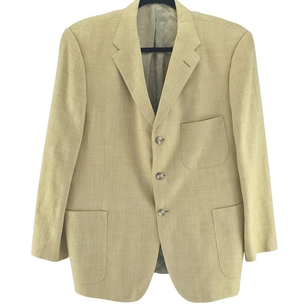 Savile Row London Sport Coat Mens 46R Tan Herringbone Blazer Quiet Luxury Preppy